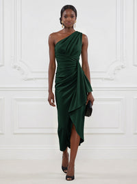 Stretch Mesh Sheath/Column One Shoulder Tea-Length Cocktail Dresses with Ruffles