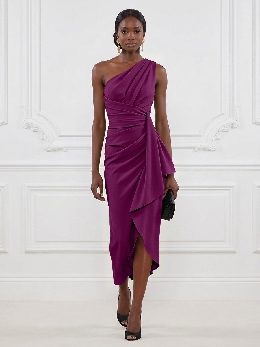 Stretch Mesh Sheath/Column One Shoulder Tea-Length Cocktail Dresses with Ruffles