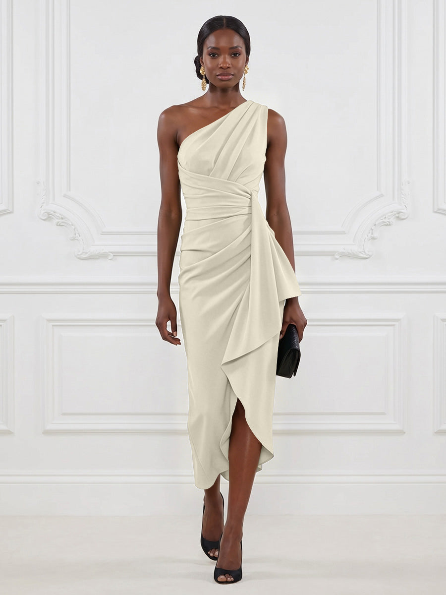 Stretch Mesh Sheath/Column One Shoulder Tea-Length Cocktail Dresses with Ruffles