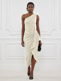 Stretch Mesh Sheath/Column One Shoulder Tea-Length Cocktail Dresses with Ruffles