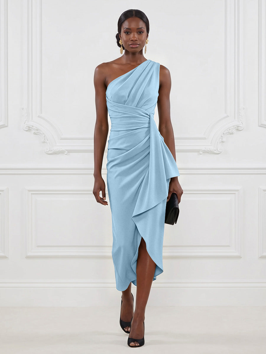 Stretch Mesh Sheath/Column One Shoulder Tea-Length Cocktail Dresses with Ruffles