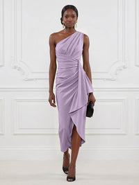 Stretch Mesh Sheath/Column One Shoulder Tea-Length Cocktail Dresses with Ruffles
