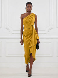 Stretch Mesh Sheath/Column One Shoulder Tea-Length Cocktail Dresses with Ruffles