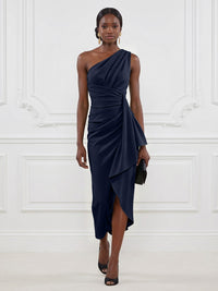 Stretch Mesh Sheath/Column One Shoulder Tea-Length Cocktail Dresses with Ruffles