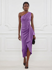 Stretch Mesh Sheath/Column One Shoulder Tea-Length Cocktail Dresses with Ruffles