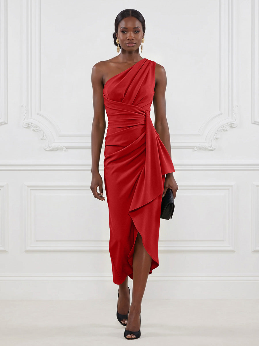 Stretch Mesh Sheath/Column One Shoulder Tea-Length Cocktail Dresses with Ruffles