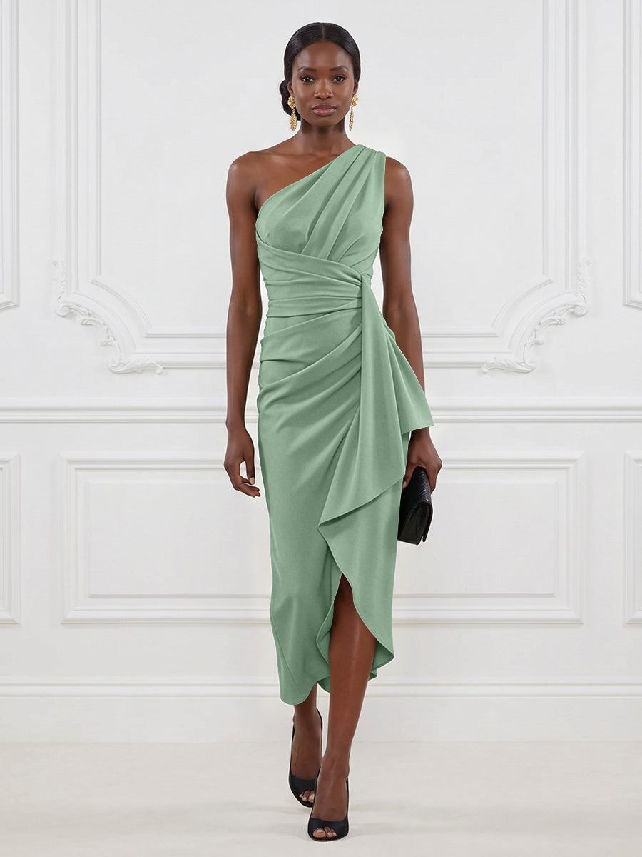 Stretch Mesh Sheath/Column One Shoulder Tea-Length Cocktail Dresses with Ruffles