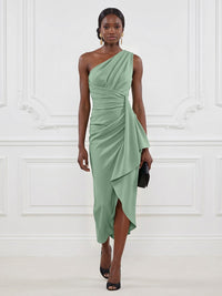 Stretch Mesh Sheath/Column One Shoulder Tea-Length Cocktail Dresses with Ruffles