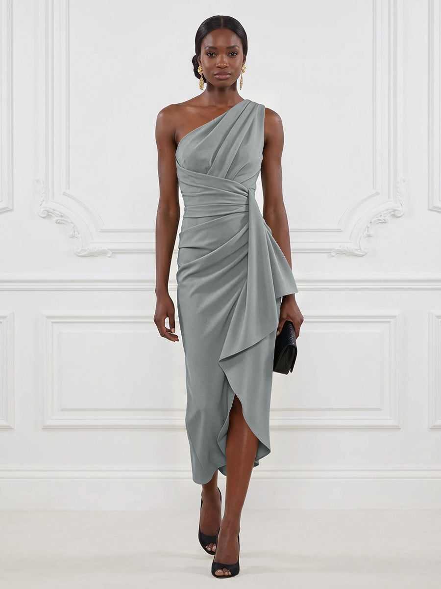 Stretch Mesh Sheath/Column One Shoulder Tea-Length Cocktail Dresses with Ruffles