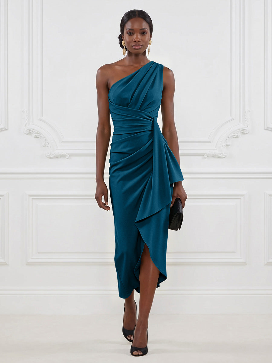 Stretch Mesh Sheath/Column One Shoulder Tea-Length Cocktail Dresses with Ruffles