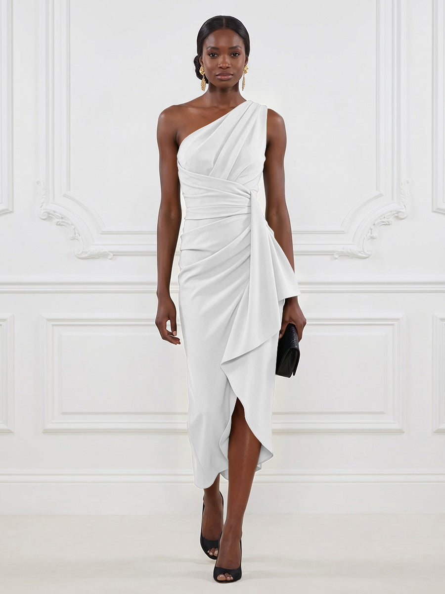 Stretch Mesh Sheath/Column One Shoulder Tea-Length Cocktail Dresses with Ruffles