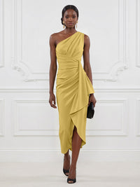 Stretch Mesh Sheath/Column One Shoulder Tea-Length Cocktail Dresses with Ruffles