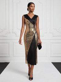 Satin Sheath/Column V-Neck Tea-Length Cocktail Dresses for Women