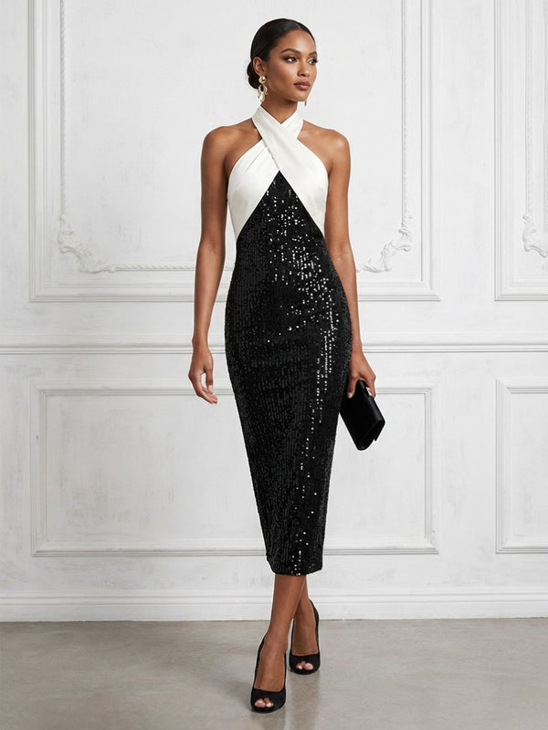 Sequin Sheath/Column Halter Tea-Length Cocktail Dresses for Women