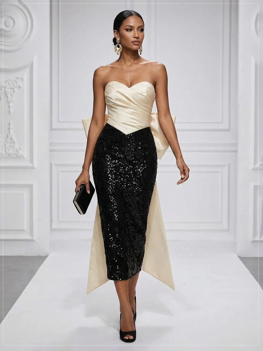 Sequin Sheath/Column Strapless Tea-Length Cocktail Dresses with Bow