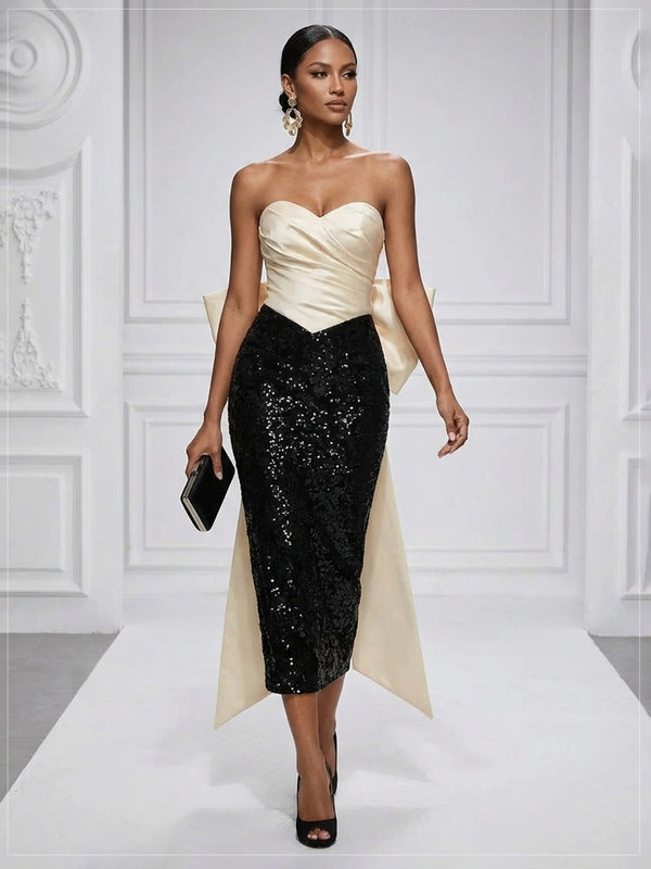 Sequin Sheath/Column Strapless Tea-Length Cocktail Dresses with Bow