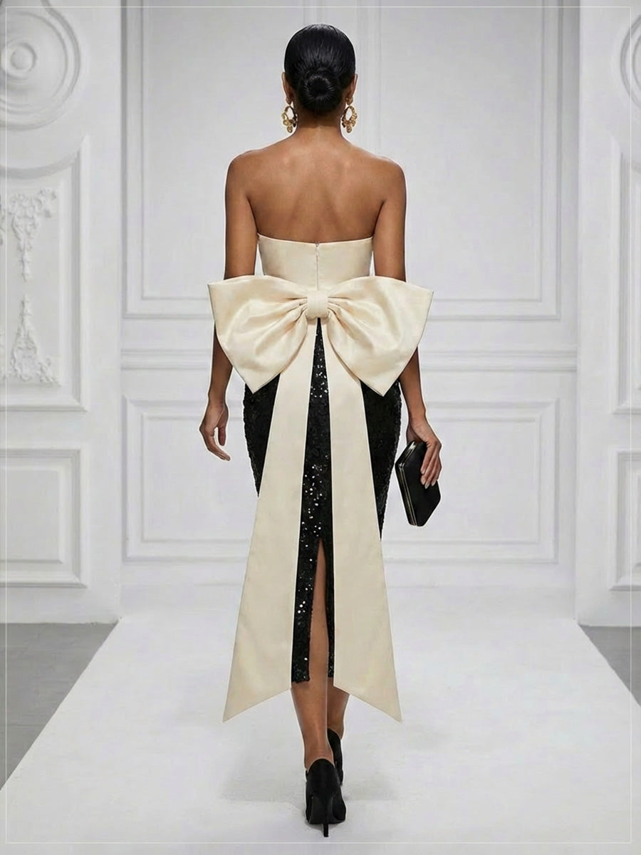 Sequin Sheath/Column Strapless Tea-Length Cocktail Dresses with Bow