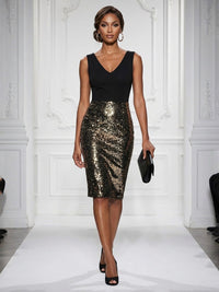 Sequin Sheath/Column V-Neck Tea-Length Cocktail Dresses for Women
