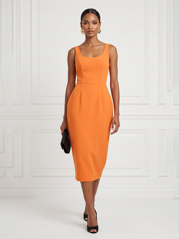 Satin Sheath/Column Square Neck Tea-Length Cocktail Dresses with Back Split