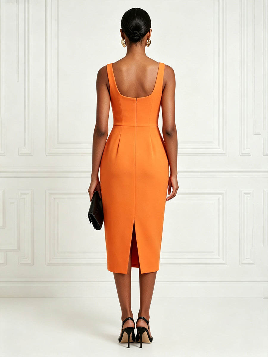 Satin Sheath/Column Square Neck Tea-Length Cocktail Dresses with Back Split