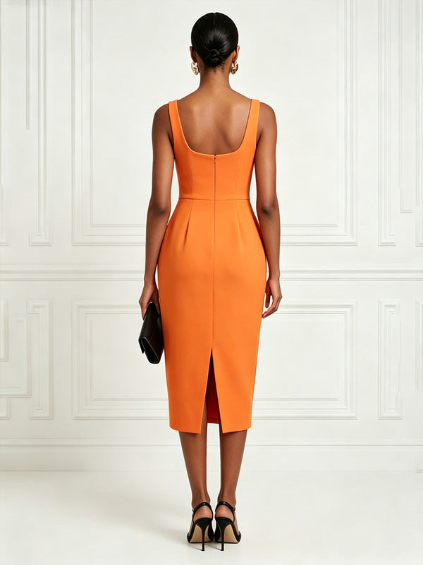 Satin Sheath/Column Square Neck Tea-Length Cocktail Dresses with Back Split