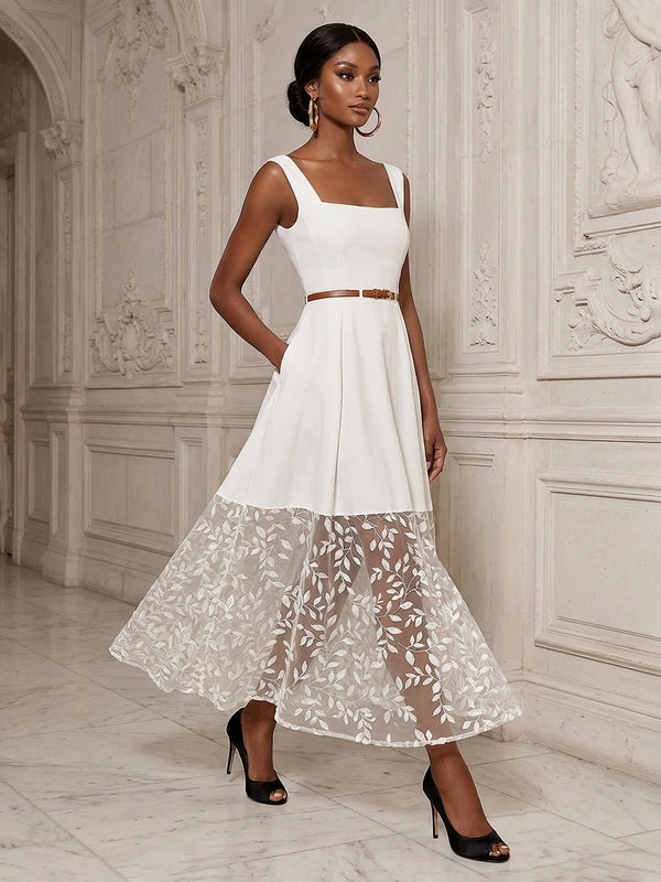 Tulle A-Line/Princess Square Neck Floor-Length Cocktail Dresses with Belt