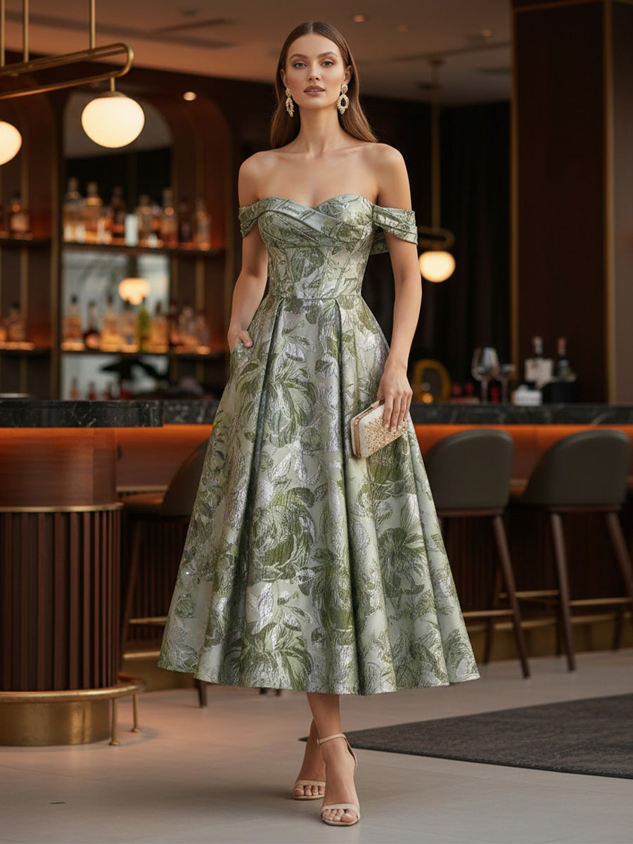 Jacquard A-Line/Princess Off Shoulder Tea-Length Cocktail Dresses with Pleated