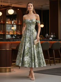 Jacquard A-Line/Princess Off Shoulder Tea-Length Cocktail Dresses with Pleated