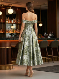 Jacquard A-Line/Princess Off Shoulder Tea-Length Cocktail Dresses with Pleated