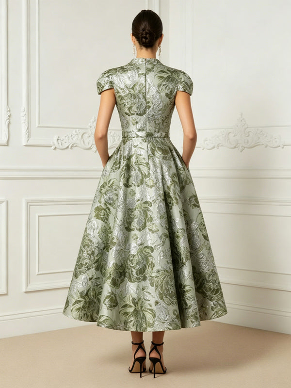 Jacquard A-Line/Princess V-Neck Floor-Length Cocktail Dresses with Pockets