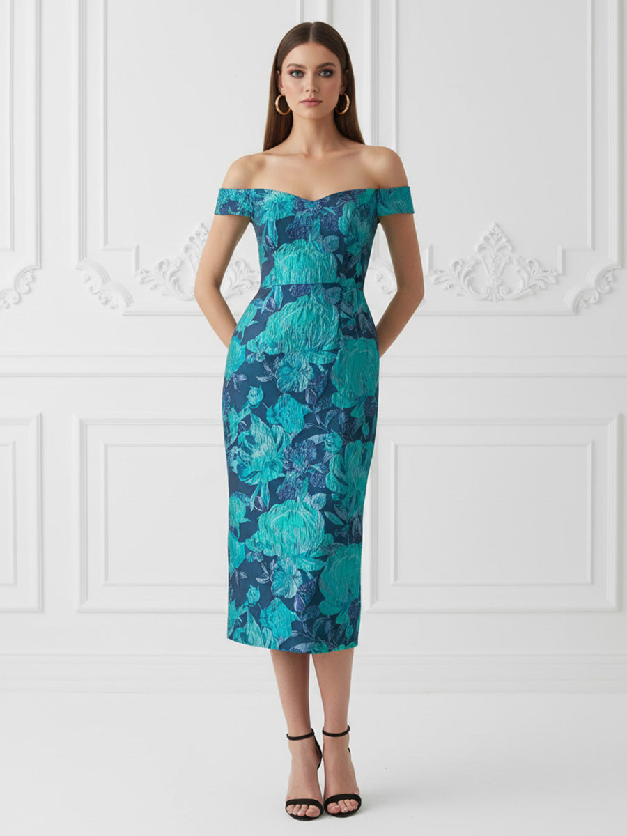 Jacquard Sheath/Column Off Shoulder Tea-Length Cocktail Dresses with Back Split