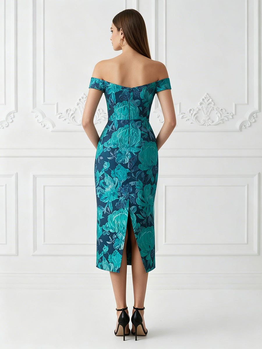 Jacquard Sheath/Column Off Shoulder Tea-Length Cocktail Dresses with Back Split
