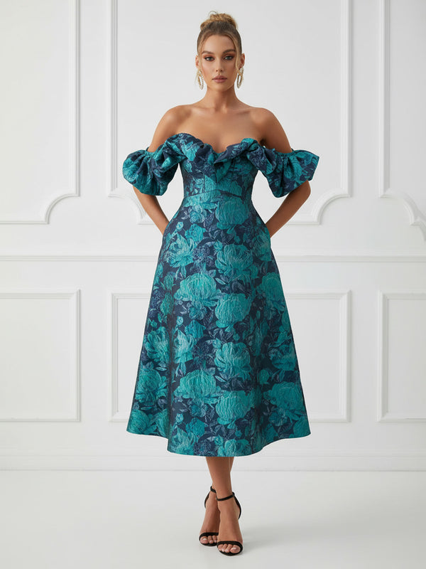 Jacquard A-Line/Princess Off Shoulder Tea-Length Cocktail Dresses with Ruffles