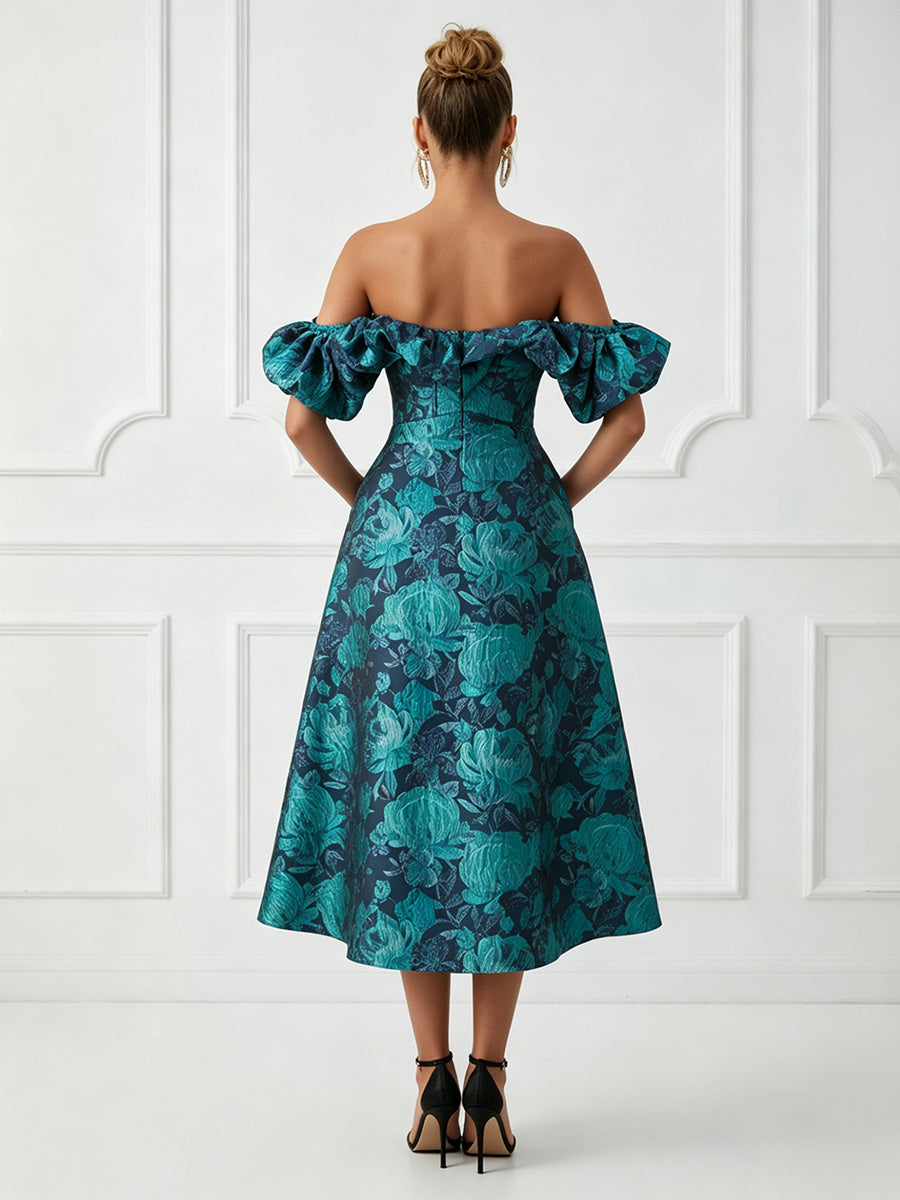 Jacquard A-Line/Princess Off Shoulder Tea-Length Cocktail Dresses with Ruffles