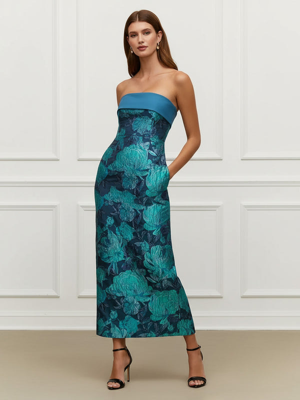 Teal Formal Cocktail Party Gown 2026 for Women Elegant Strapless Maxi Wedding Guest Dress with Jacquard Floral Print