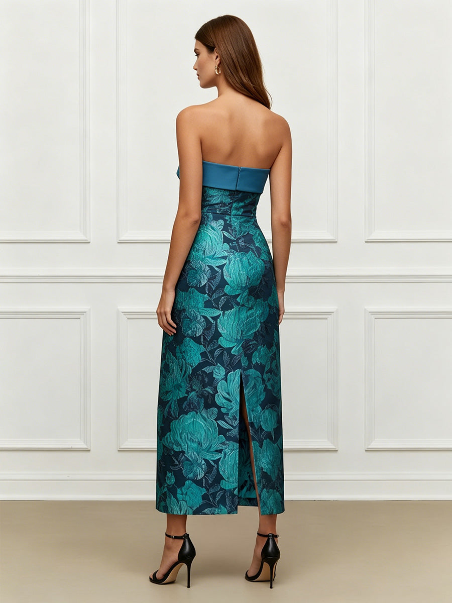 Teal Formal Cocktail Party Gown 2026 for Women Elegant Strapless Maxi Wedding Guest Dress with Jacquard Floral Print