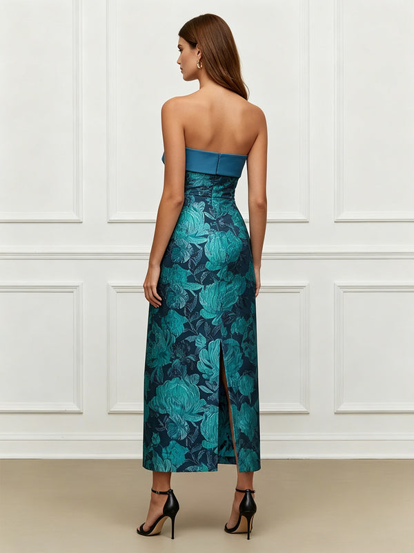 Jacquard Sheath/Column Strapless Tea-Length Cocktail Dresses with Pockets