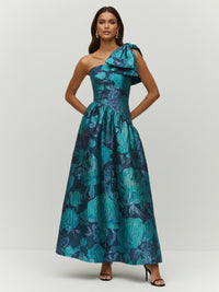 Jacquard A-Line/Princess One Shoulder Floor-Length Cocktail Dresses with Bow