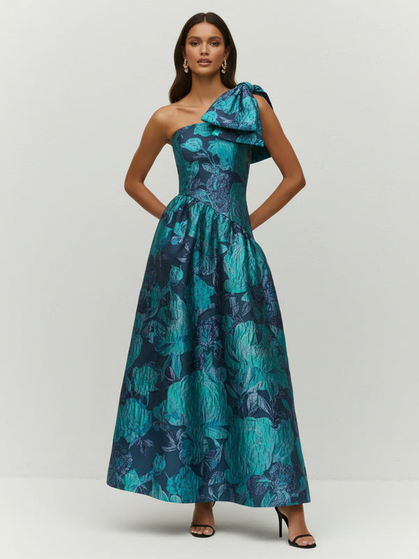 Jacquard A-Line/Princess One Shoulder Floor-Length Cocktail Dresses with Bow