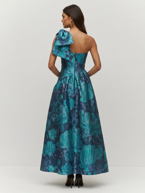 Jacquard A-Line/Princess One Shoulder Floor-Length Cocktail Dresses with Bow