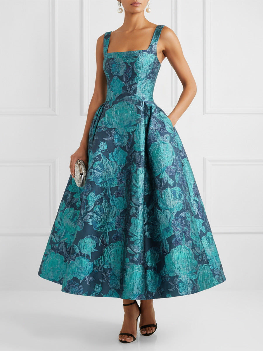 Jacquard A-Line/Princess Square Neck Floor-Length Cocktail Dresses with Pockets