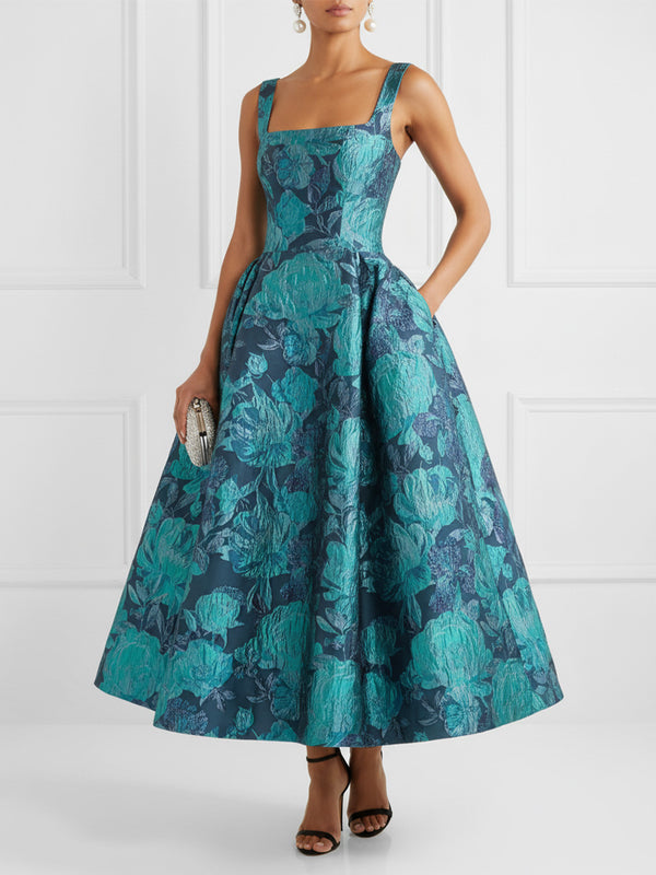 Jacquard A-Line/Princess Square Neck Floor-Length Cocktail Dresses with Pockets