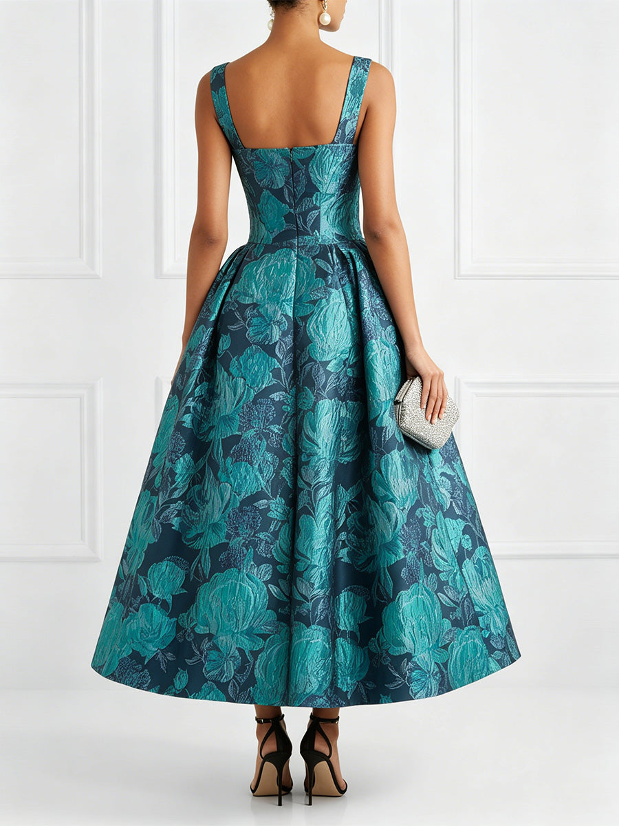 Jacquard A-Line/Princess Square Neck Floor-Length Cocktail Dresses with Pockets