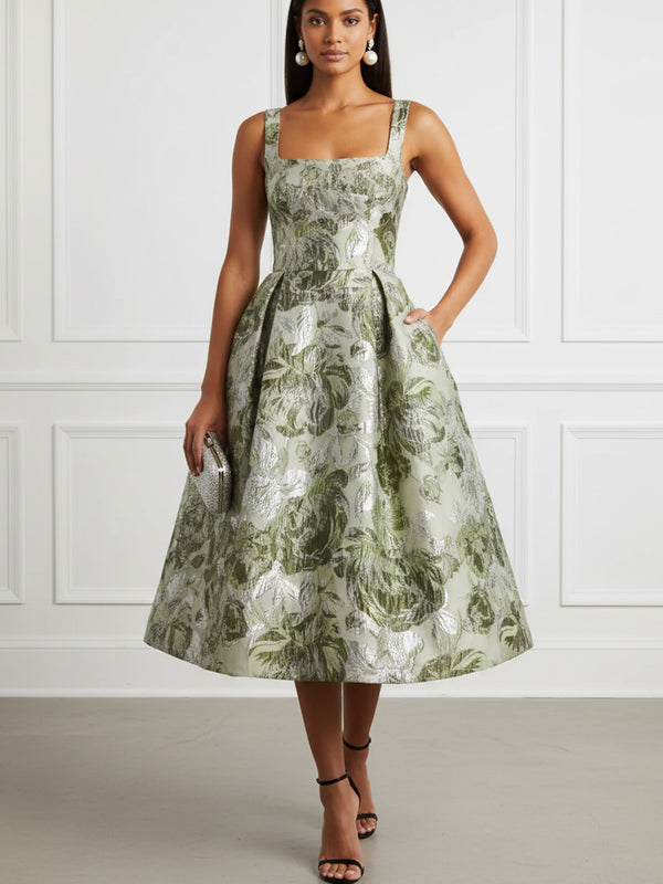Jacquard A-Line/Princess Square Neck Tea-Length Cocktail Dresses with Pockets