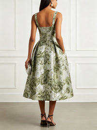 Jacquard A-Line/Princess Square Neck Tea-Length Cocktail Dresses with Pockets