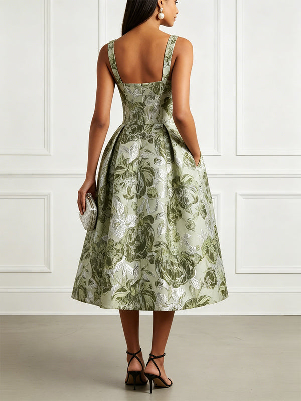 Jacquard A-Line/Princess Square Neck Tea-Length Cocktail Dresses with Pockets