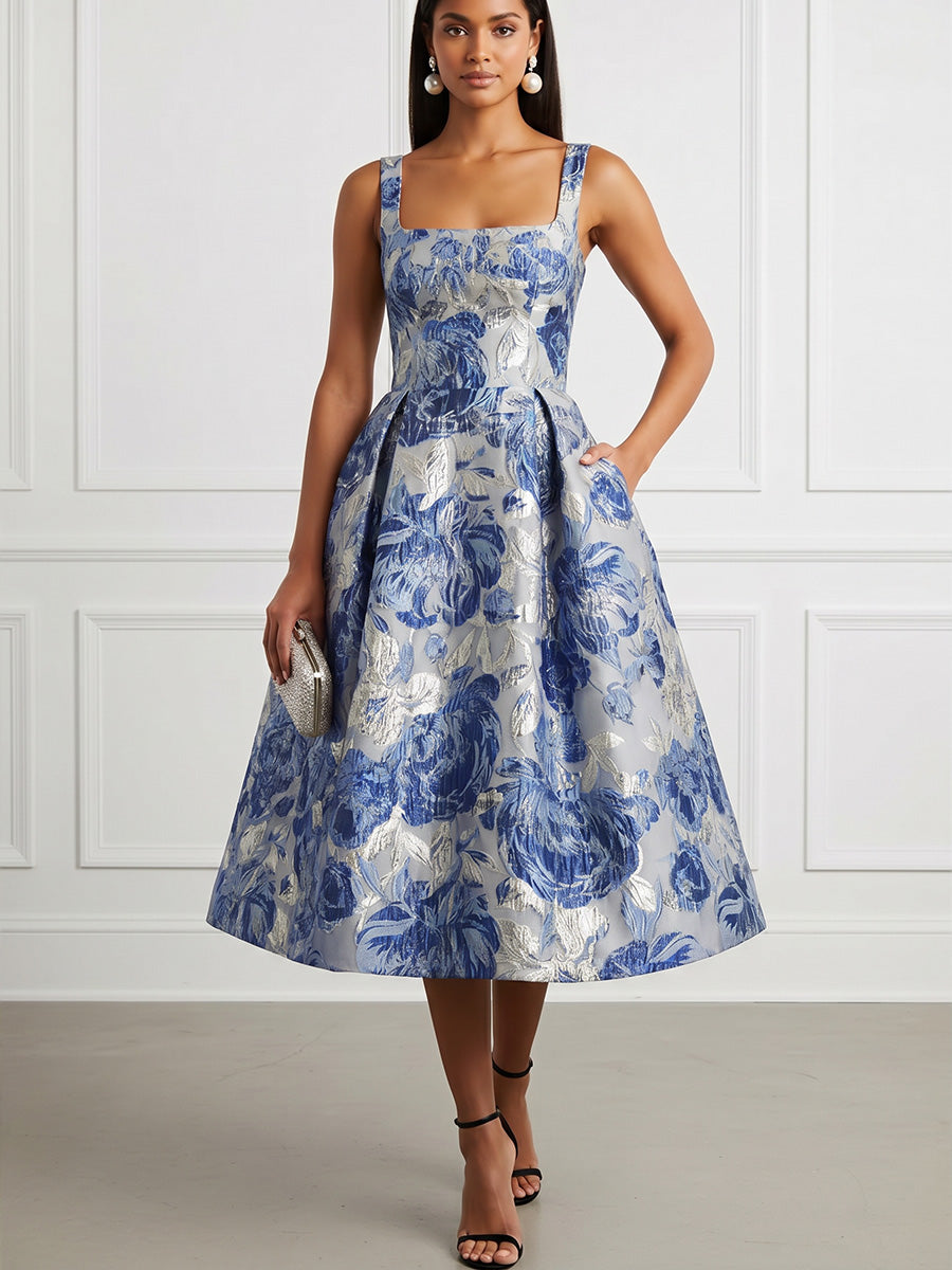 Jacquard A-Line/Princess Square Neck Tea-Length Cocktail Dresses with Pockets