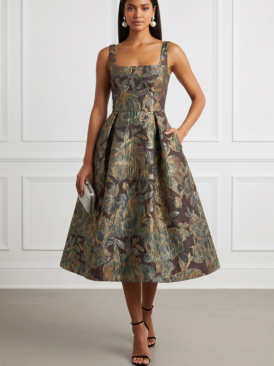Jacquard A-Line/Princess Square Neck Tea-Length Cocktail Dresses with Pockets