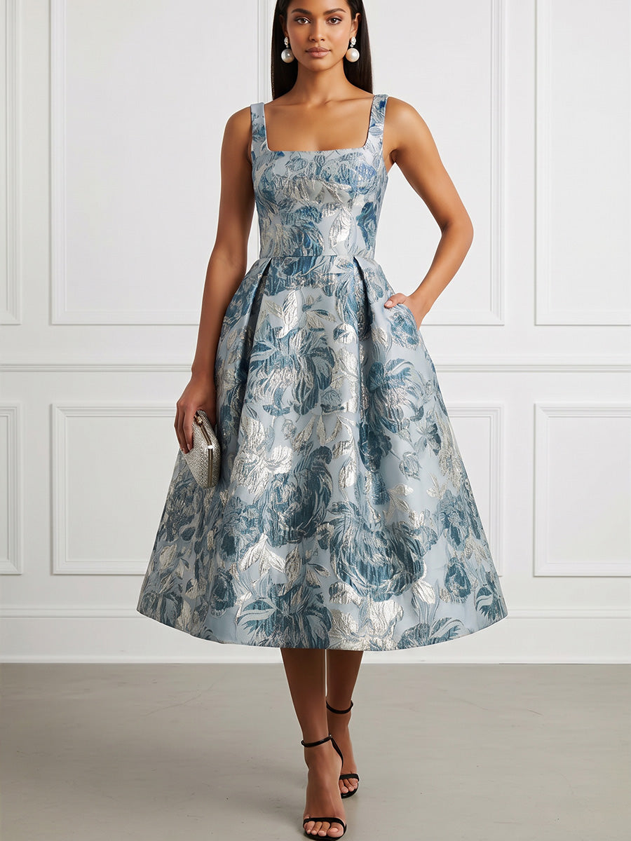 Jacquard A-Line/Princess Square Neck Tea-Length Cocktail Dresses with Pockets