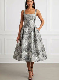 Jacquard A-Line/Princess Square Neck Tea-Length Cocktail Dresses with Pockets